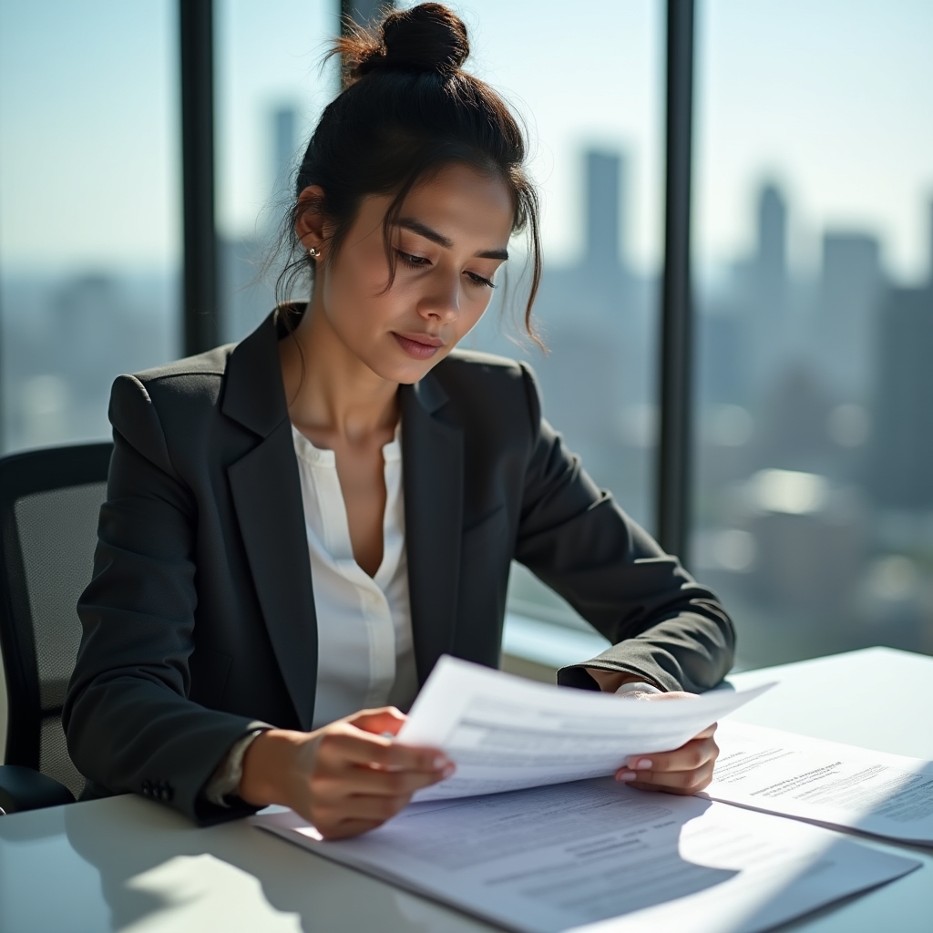 Young professional at desk examining financial documents with focused expression