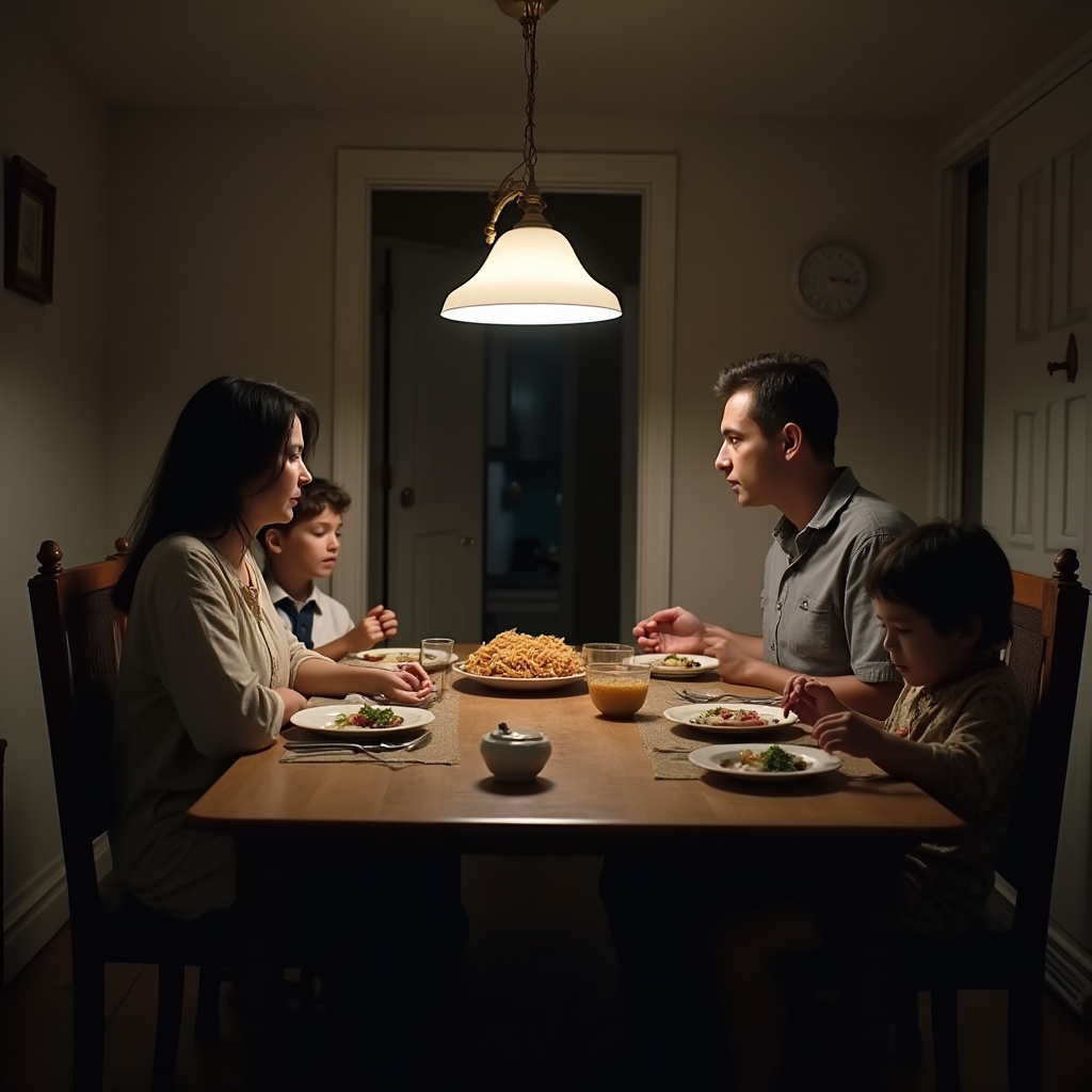 Family at dinner table with subtle tension around discussing household finances